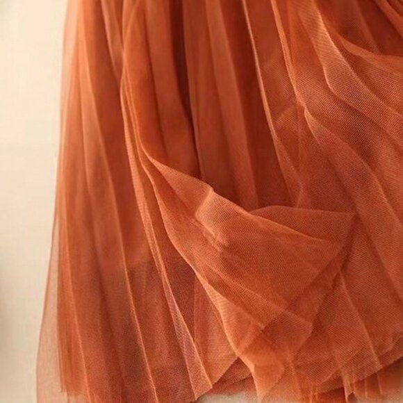 Pumpkin Spice Women's Elegant Pleated Mesh A-Line Skirt - Picture 3 of 7